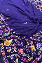 Blue Hand Embroidered Parsi Gara Crepe Mukaish Work Flower Design Saree - Luxurion World
