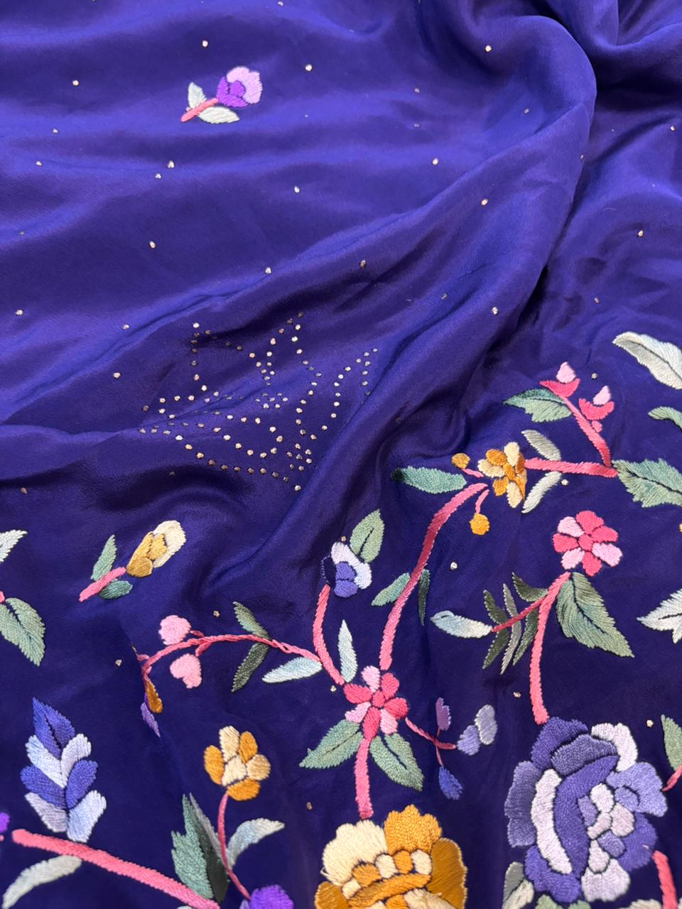Blue Hand Embroidered Parsi Gara Crepe Mukaish Work Flower Design Saree - Luxurion World