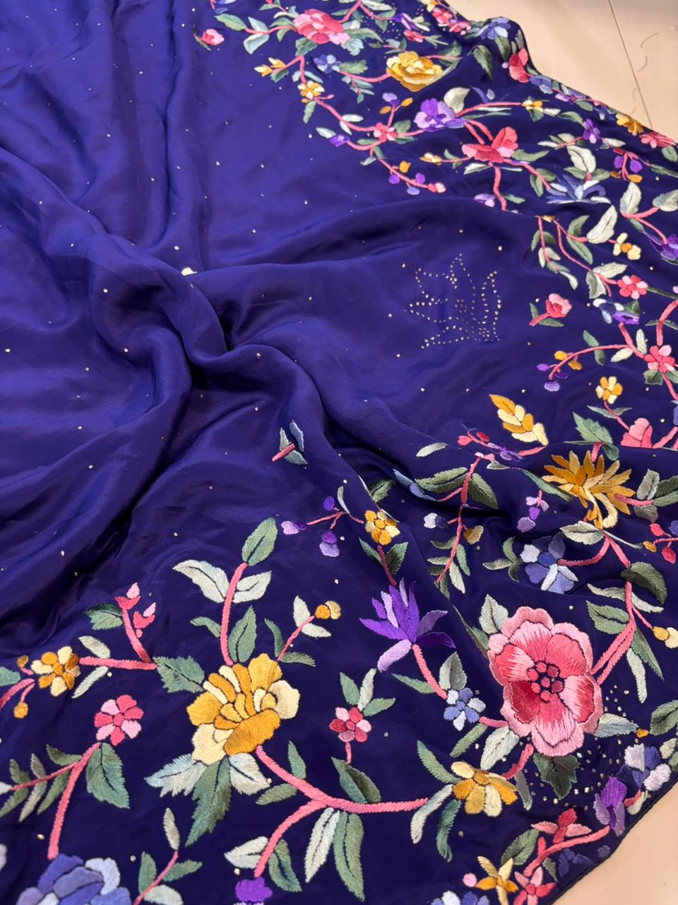 Blue Hand Embroidered Parsi Gara Crepe Mukaish Work Flower Design Saree - Luxurion World
