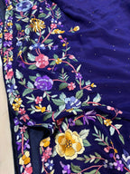 Blue Hand Embroidered Parsi Gara Crepe Mukaish Work Flower Design Saree - Luxurion World