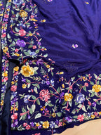 Blue Hand Embroidered Parsi Gara Crepe Mukaish Work Flower Design Saree - Luxurion World