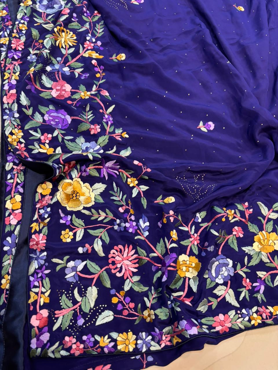 Blue Hand Embroidered Parsi Gara Crepe Mukaish Work Flower Design Saree - Luxurion World