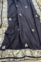 Black Hand Embroidered Parsi Gara Pure Silk Flower Design Saree - Luxurion World