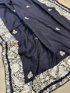 Black Hand Embroidered Parsi Gara Pure Silk Flower Design Saree - Luxurion World