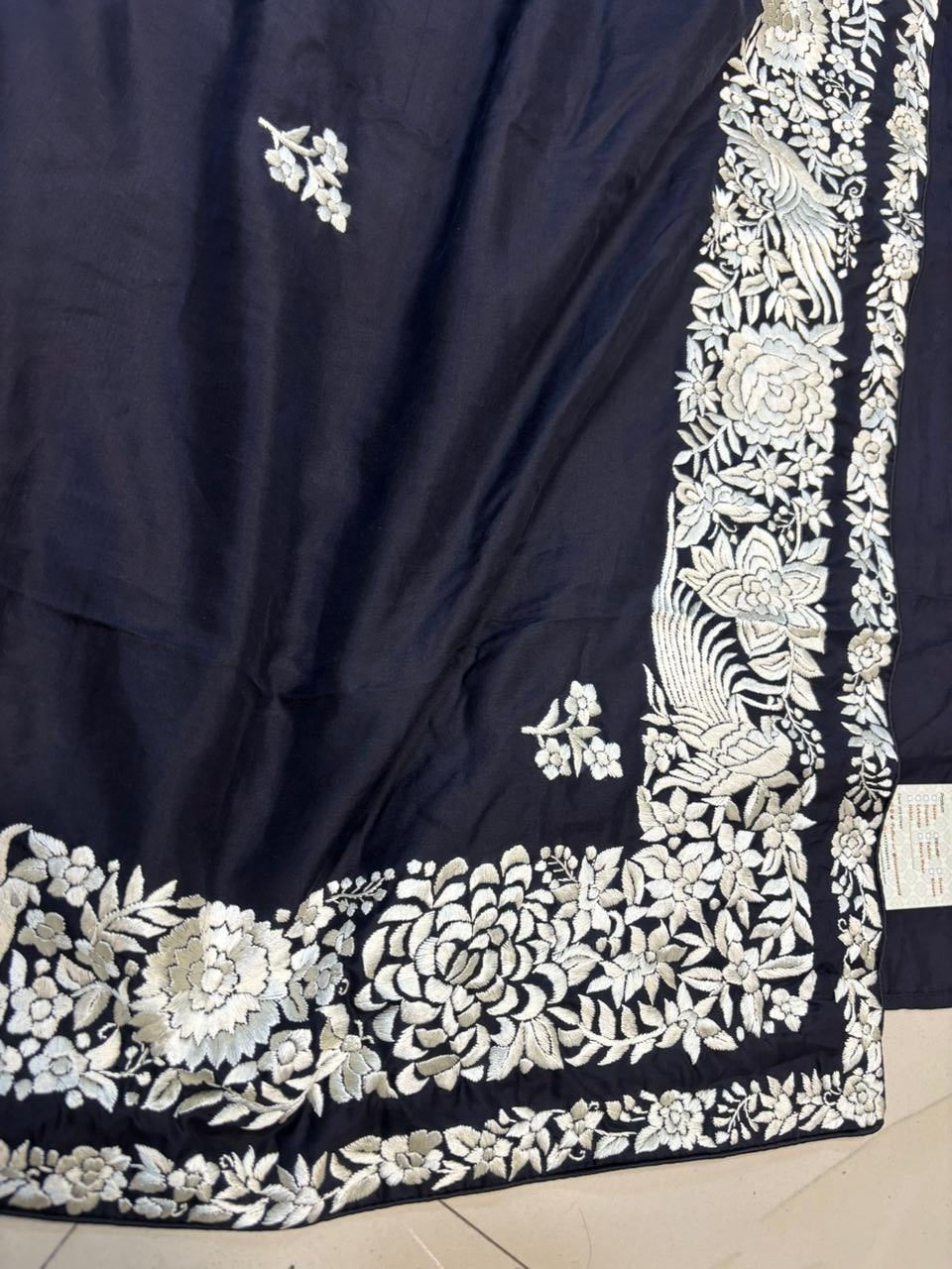 Black Hand Embroidered Parsi Gara Pure Silk Flower Design Saree - Luxurion World