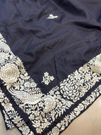 Black Hand Embroidered Parsi Gara Pure Silk Flower Design Saree - Luxurion World