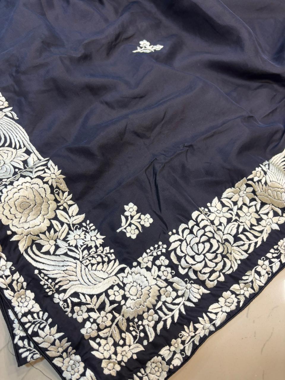 Black Hand Embroidered Parsi Gara Pure Silk Flower Design Saree - Luxurion World