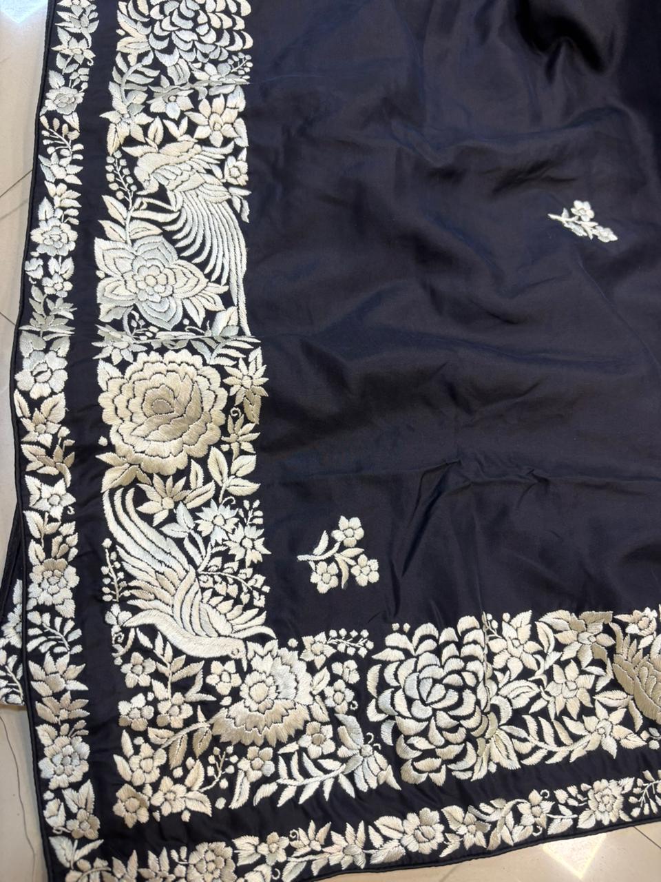 Black Hand Embroidered Parsi Gara Pure Silk Flower Design Saree - Luxurion World