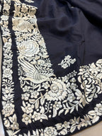 Black Hand Embroidered Parsi Gara Pure Silk Flower Design Saree - Luxurion World