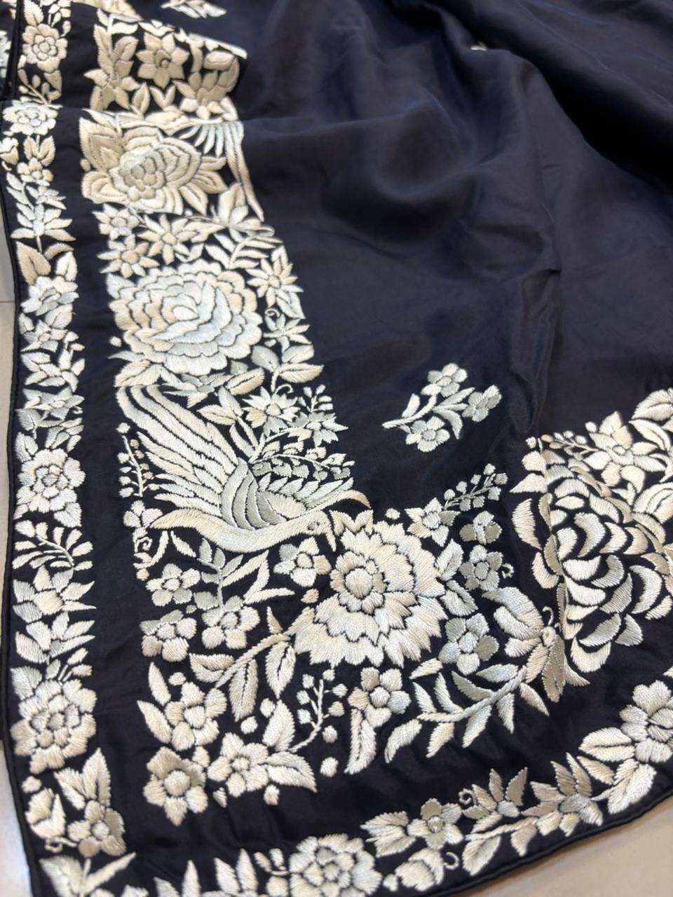 Black Hand Embroidered Parsi Gara Pure Silk Flower Design Saree - Luxurion World