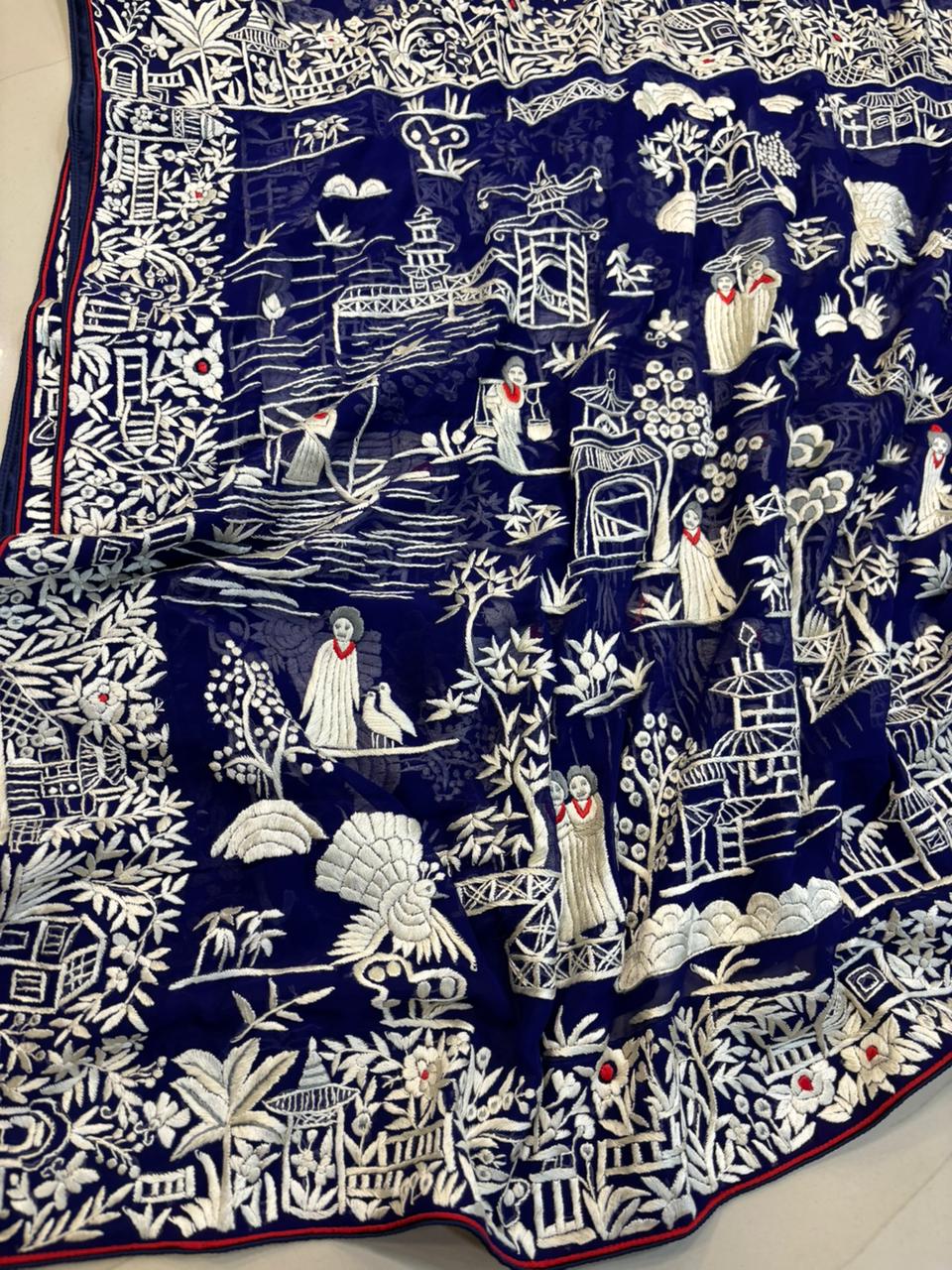 Blue Hand Embroidered Parsi Gara Georgette Cheena Cheeni Design Saree - Luxurion World