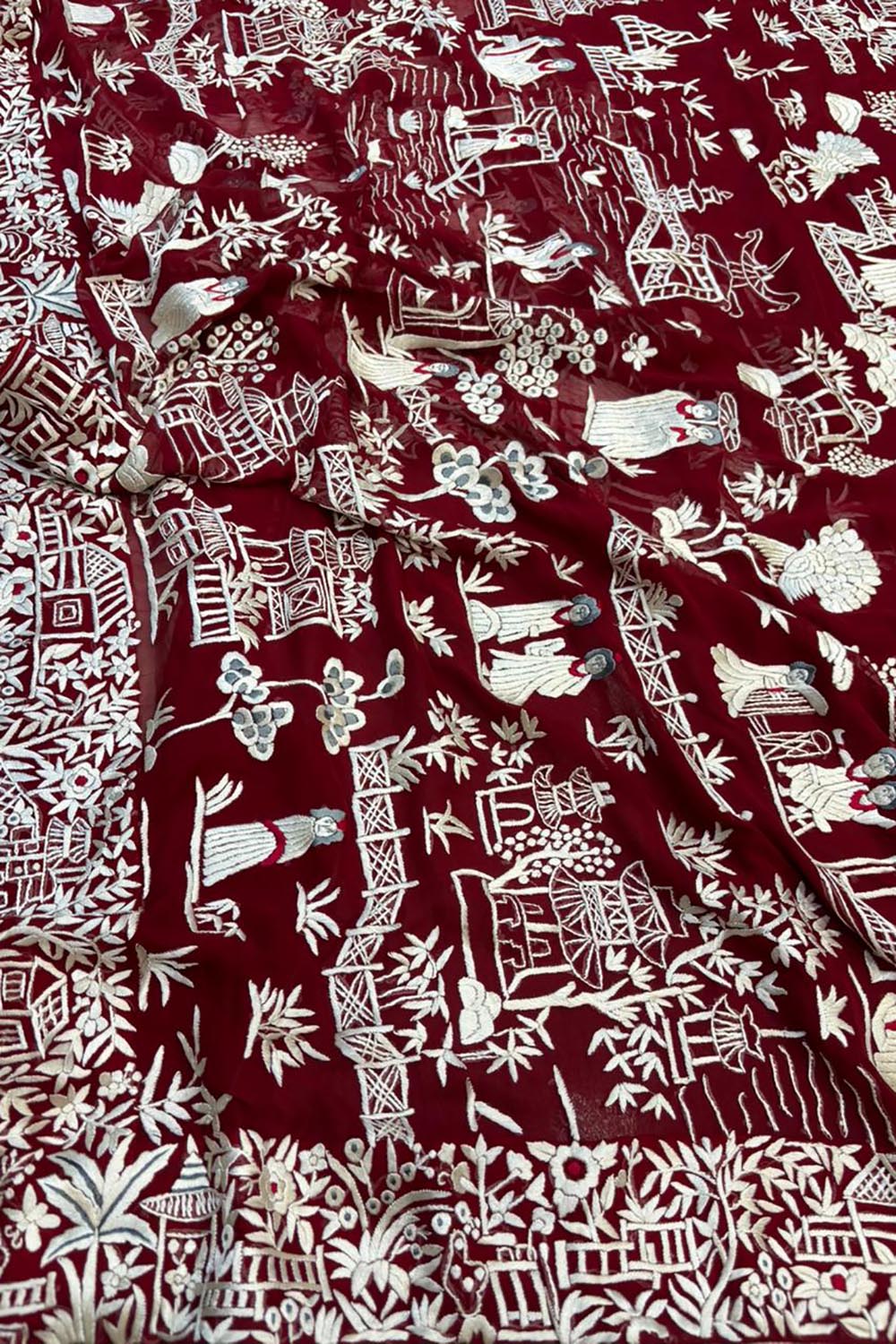 Red Hand Embroidered Parsi Gara Georgette Cheena Cheeni Design Saree - Luxurion World