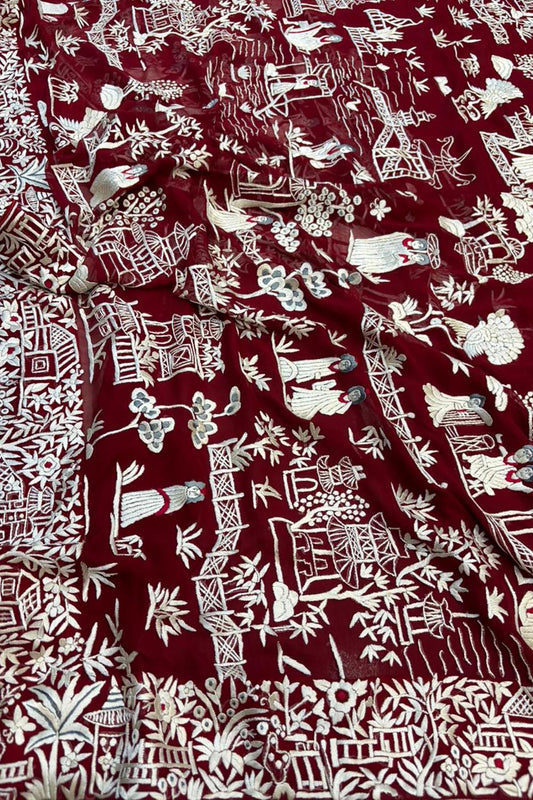 Red Hand Embroidered Parsi Gara Georgette Cheena Cheeni Design Saree - Luxurion World
