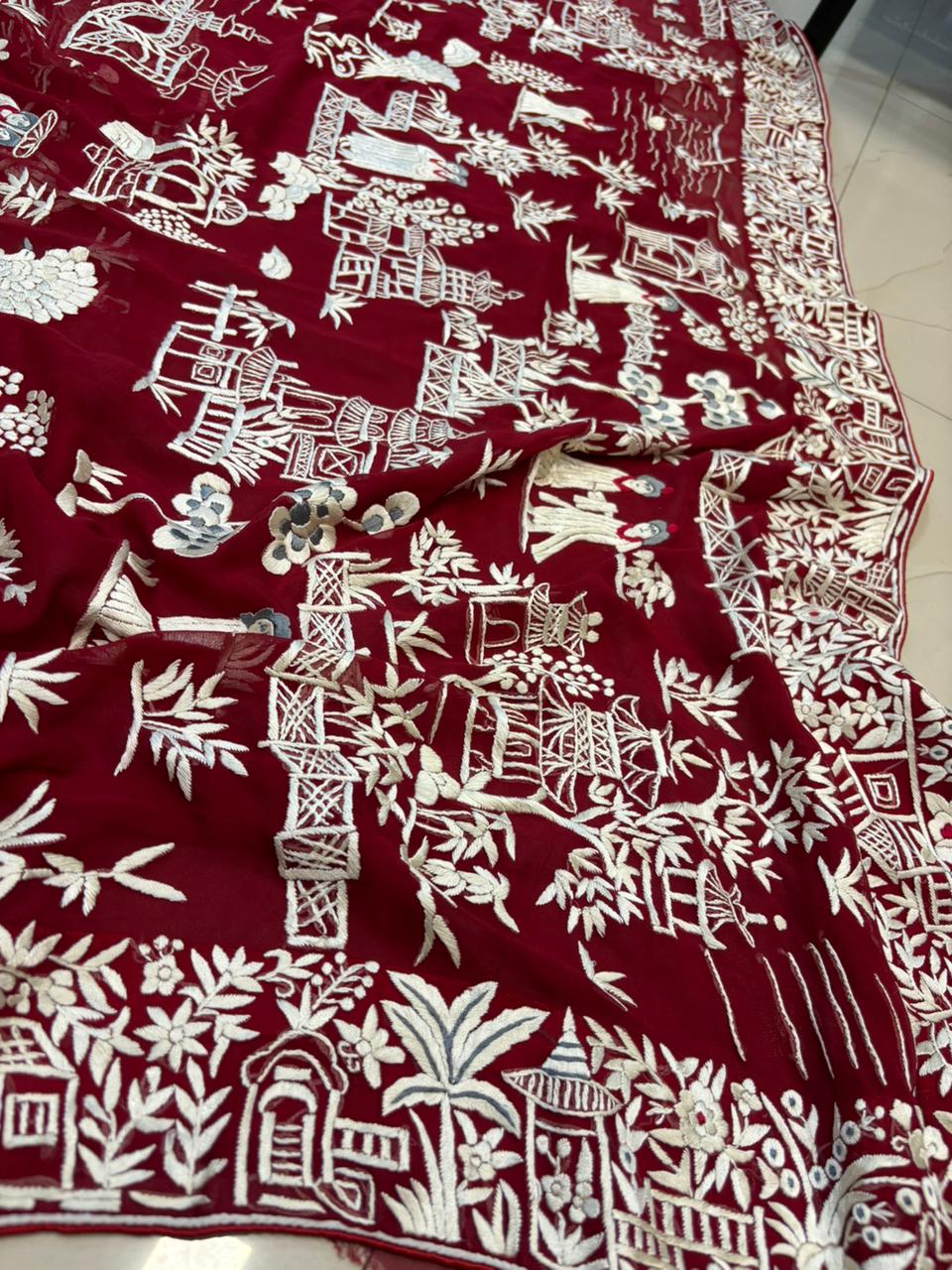 Red Hand Embroidered Parsi Gara Georgette Cheena Cheeni Design Saree - Luxurion World