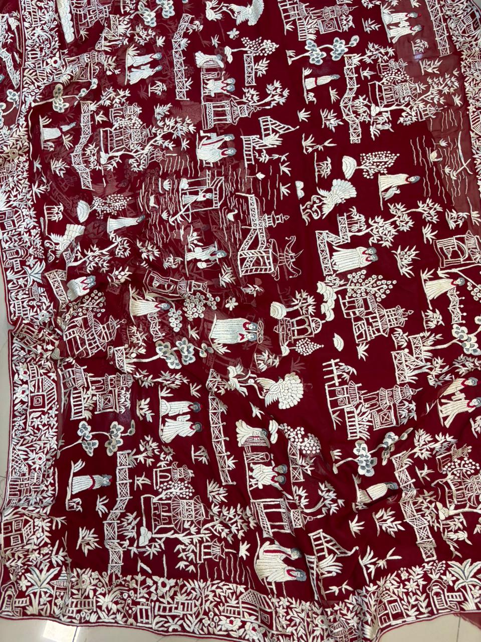 Red Hand Embroidered Parsi Gara Georgette Cheena Cheeni Design Saree - Luxurion World