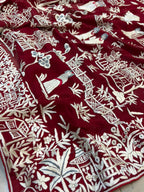 Red Hand Embroidered Parsi Gara Georgette Cheena Cheeni Design Saree - Luxurion World