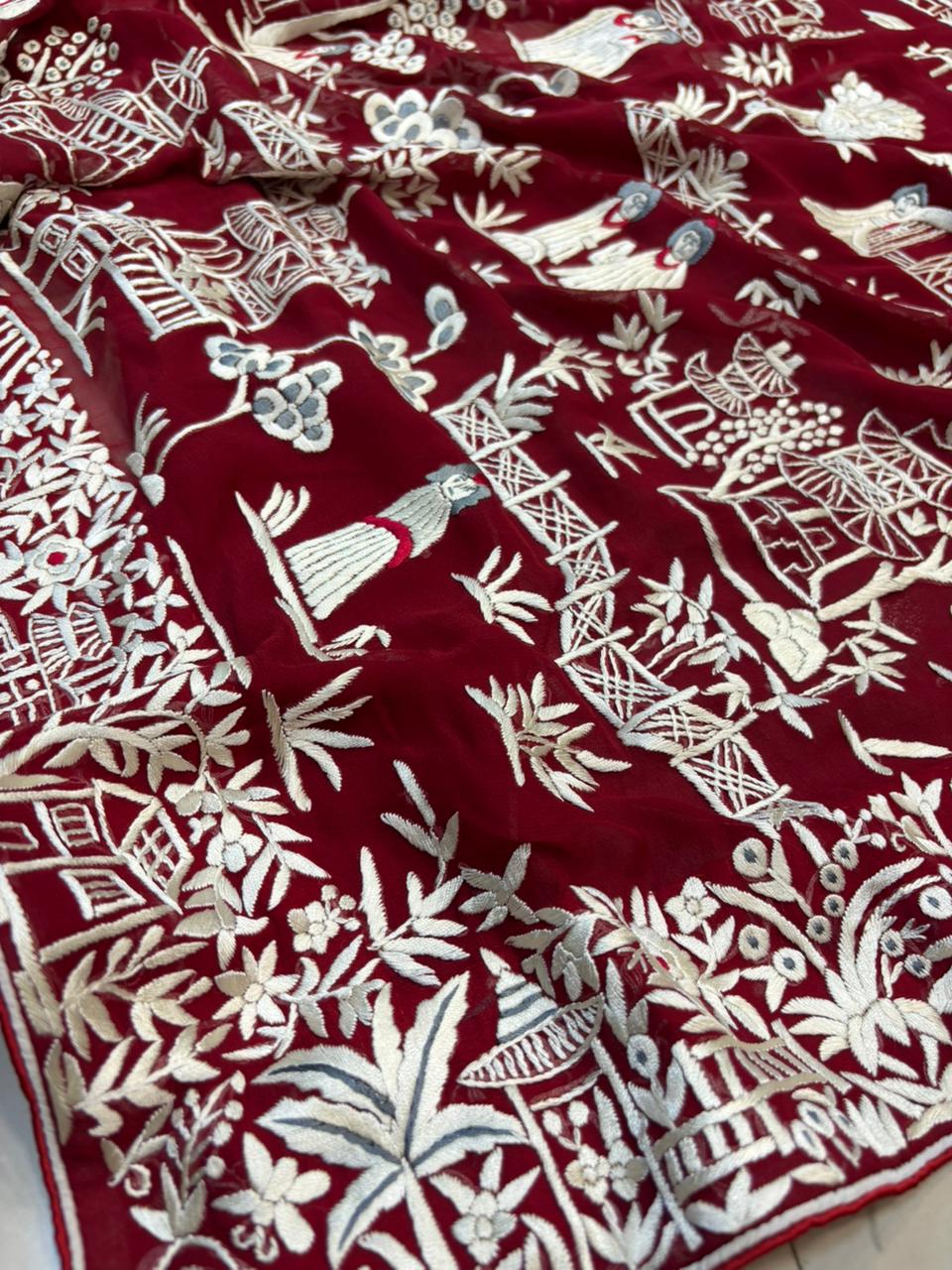 Red Hand Embroidered Parsi Gara Georgette Cheena Cheeni Design Saree - Luxurion World
