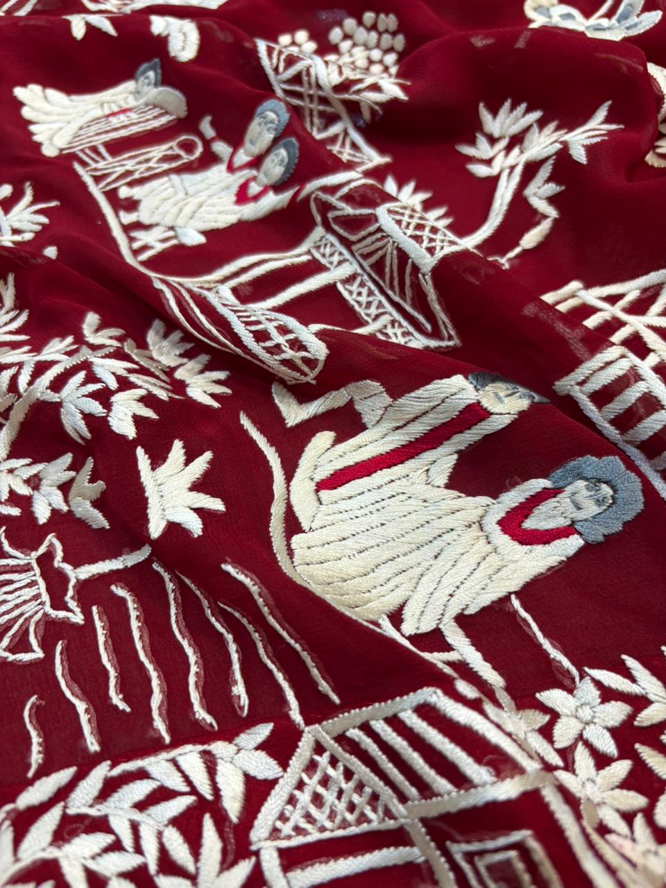 Red Hand Embroidered Parsi Gara Georgette Cheena Cheeni Design Saree - Luxurion World
