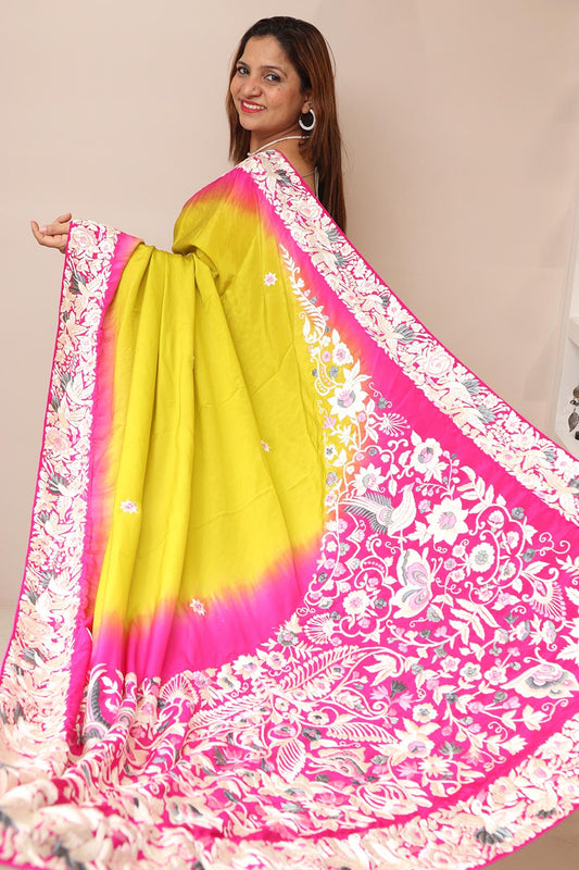 Pink And Green Shaded Hand Embroidered Parsi Gara Crepe Flower Design Saree - Luxurion World