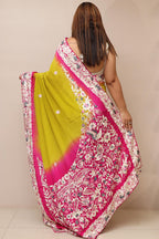 Pink And Green Shaded Hand Embroidered Parsi Gara Crepe Flower Design Saree - Luxurion World