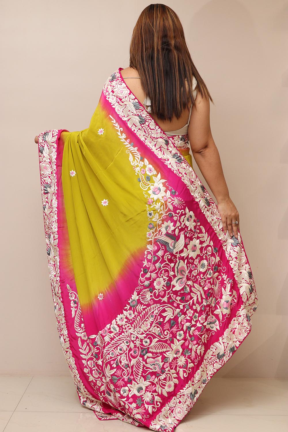 Pink And Green Shaded Hand Embroidered Parsi Gara Crepe Flower Design Saree - Luxurion World