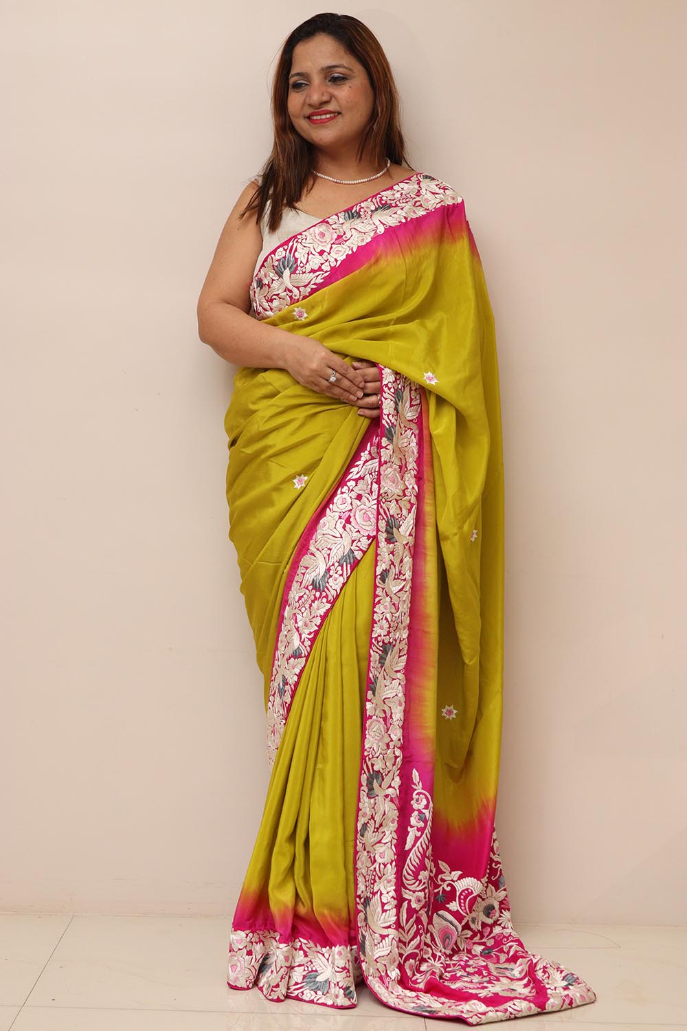 Pink And Green Shaded Hand Embroidered Parsi Gara Crepe Flower Design Saree - Luxurion World