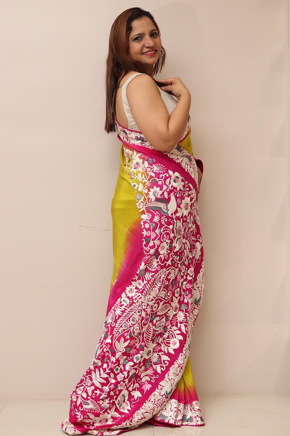 Pink And Green Shaded Hand Embroidered Parsi Gara Crepe Flower Design Saree - Luxurion World