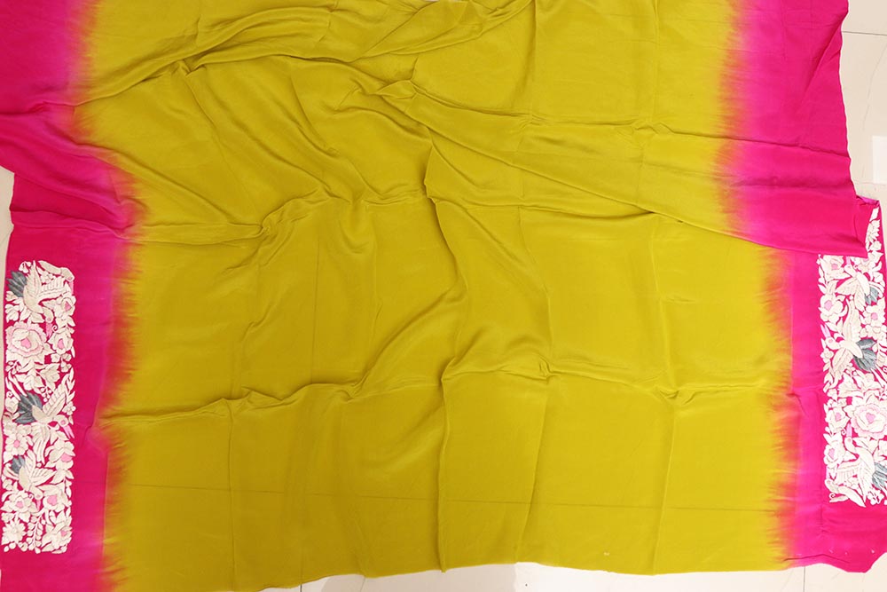 Pink And Green Shaded Hand Embroidered Parsi Gara Crepe Flower Design Saree - Luxurion World