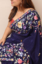 Blue Hand Embroidered Parsi Gara Crepe Mukaish Work Flower Design Saree - Luxurion World