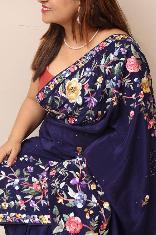 Blue Hand Embroidered Parsi Gara Crepe Mukaish Work Flower Design Saree - Luxurion World
