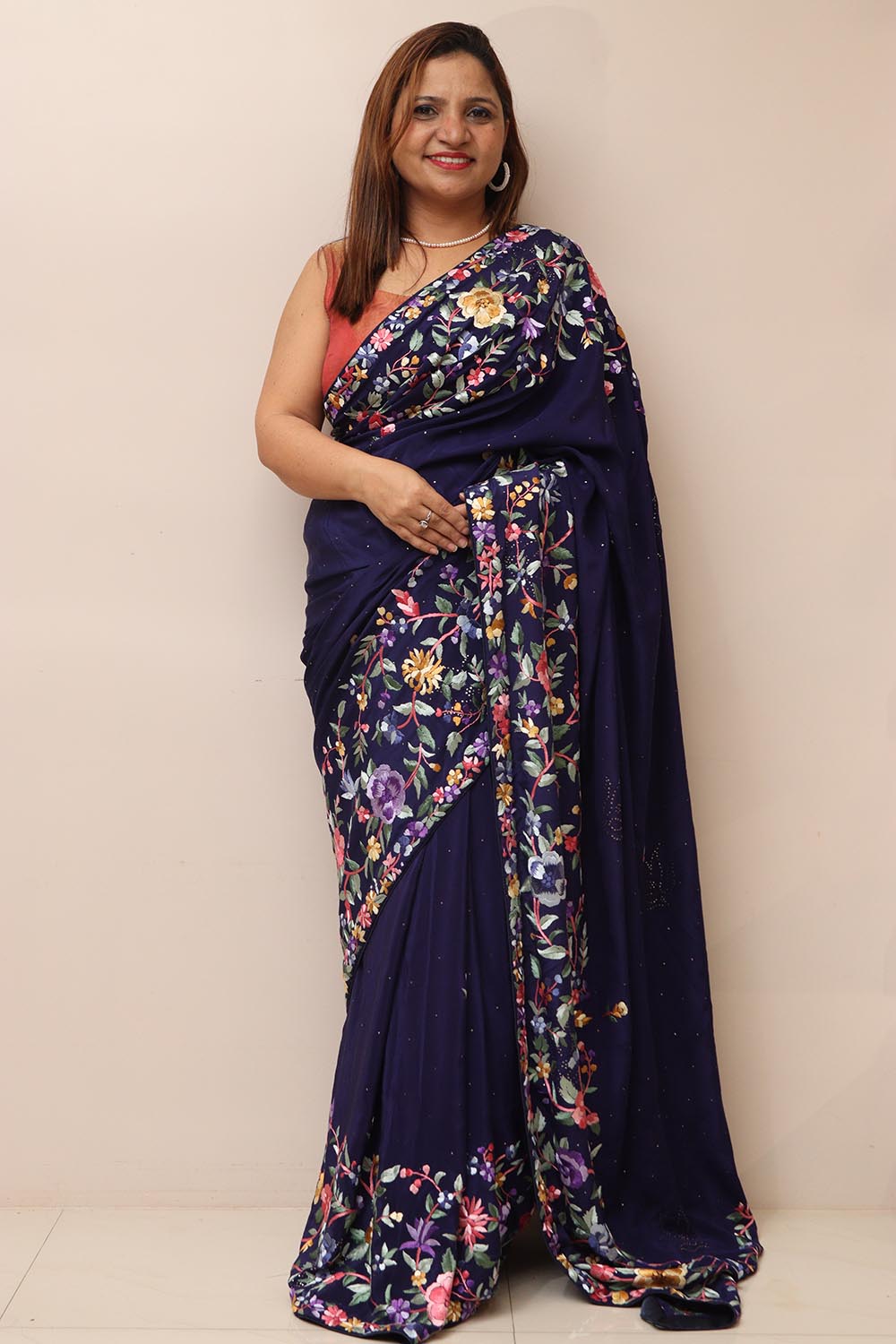 Blue Hand Embroidered Parsi Gara Crepe Mukaish Work Flower Design Saree - Luxurion World