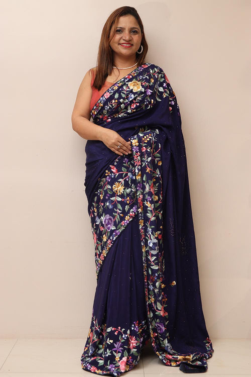 Blue Hand Embroidered Parsi Gara Crepe Mukaish Work Flower Design Saree - Luxurion World