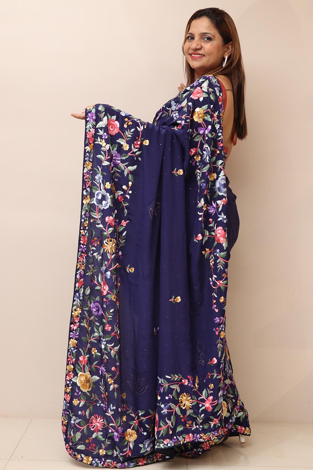 Blue Hand Embroidered Parsi Gara Crepe Mukaish Work Flower Design Saree - Luxurion World