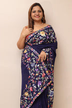 Blue Hand Embroidered Parsi Gara Crepe Mukaish Work Flower Design Saree - Luxurion World
