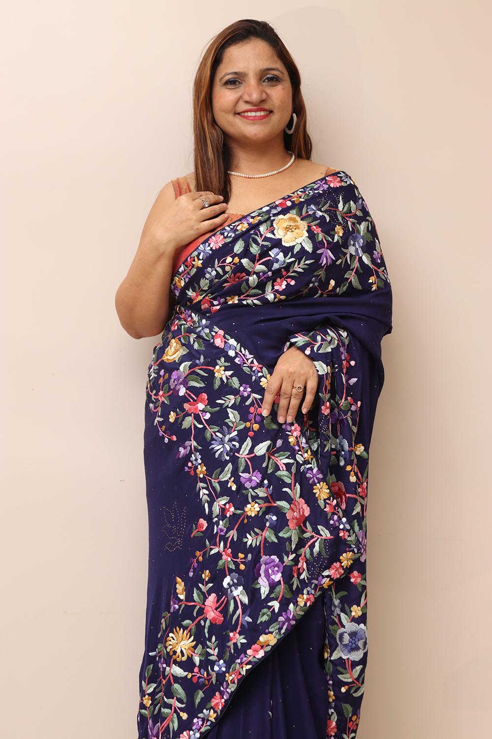 Blue Hand Embroidered Parsi Gara Crepe Mukaish Work Flower Design Saree - Luxurion World