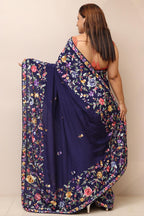 Blue Hand Embroidered Parsi Gara Crepe Mukaish Work Flower Design Saree - Luxurion World