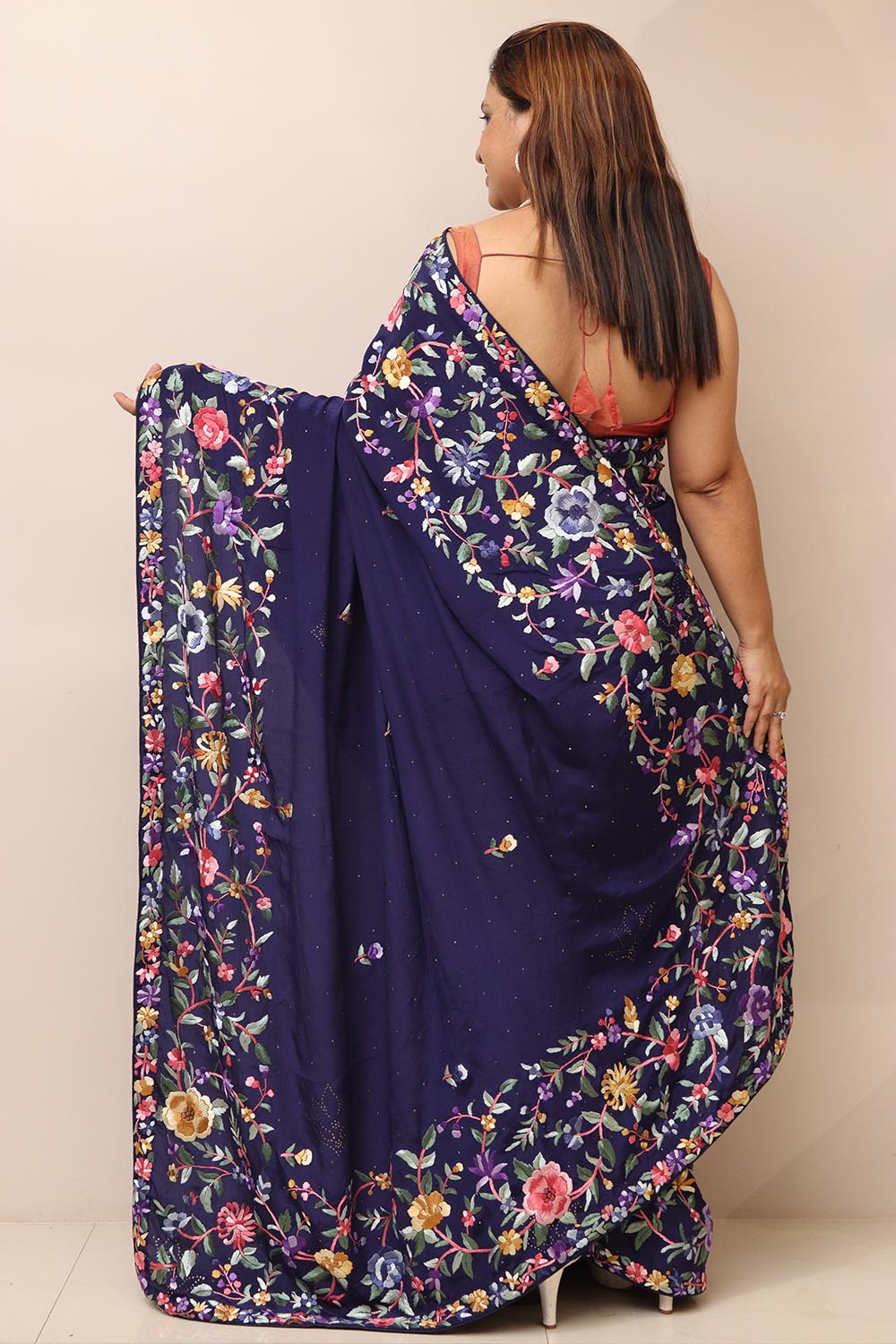 Blue Hand Embroidered Parsi Gara Crepe Mukaish Work Flower Design Saree - Luxurion World