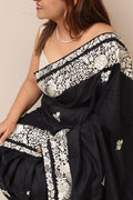 Black Hand Embroidered Parsi Gara Pure Silk Flower Design Saree - Luxurion World