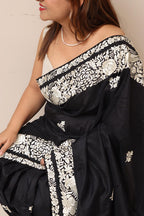 Black Hand Embroidered Parsi Gara Pure Silk Flower Design Saree - Luxurion World