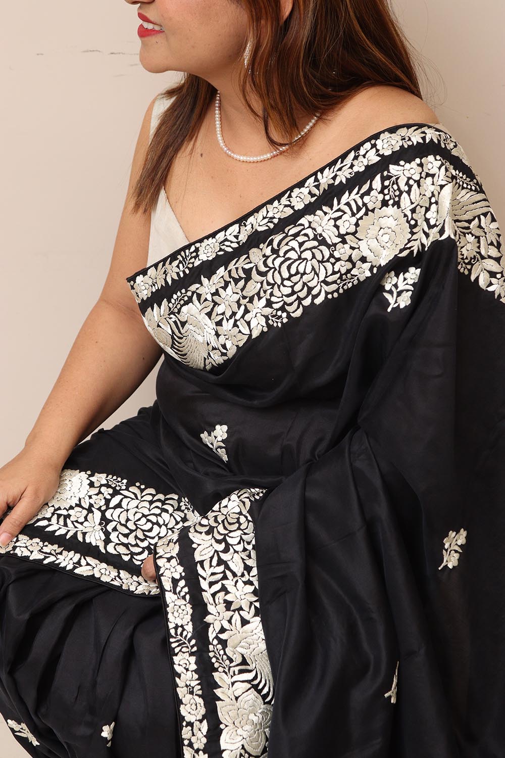 Black Hand Embroidered Parsi Gara Pure Silk Flower Design Saree - Luxurion World