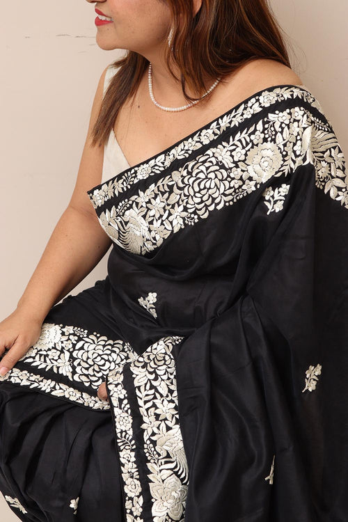 Black Hand Embroidered Parsi Gara Pure Silk Flower Design Saree - Luxurion World