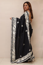 Black Hand Embroidered Parsi Gara Pure Silk Flower Design Saree - Luxurion World