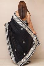 Black Hand Embroidered Parsi Gara Pure Silk Flower Design Saree - Luxurion World