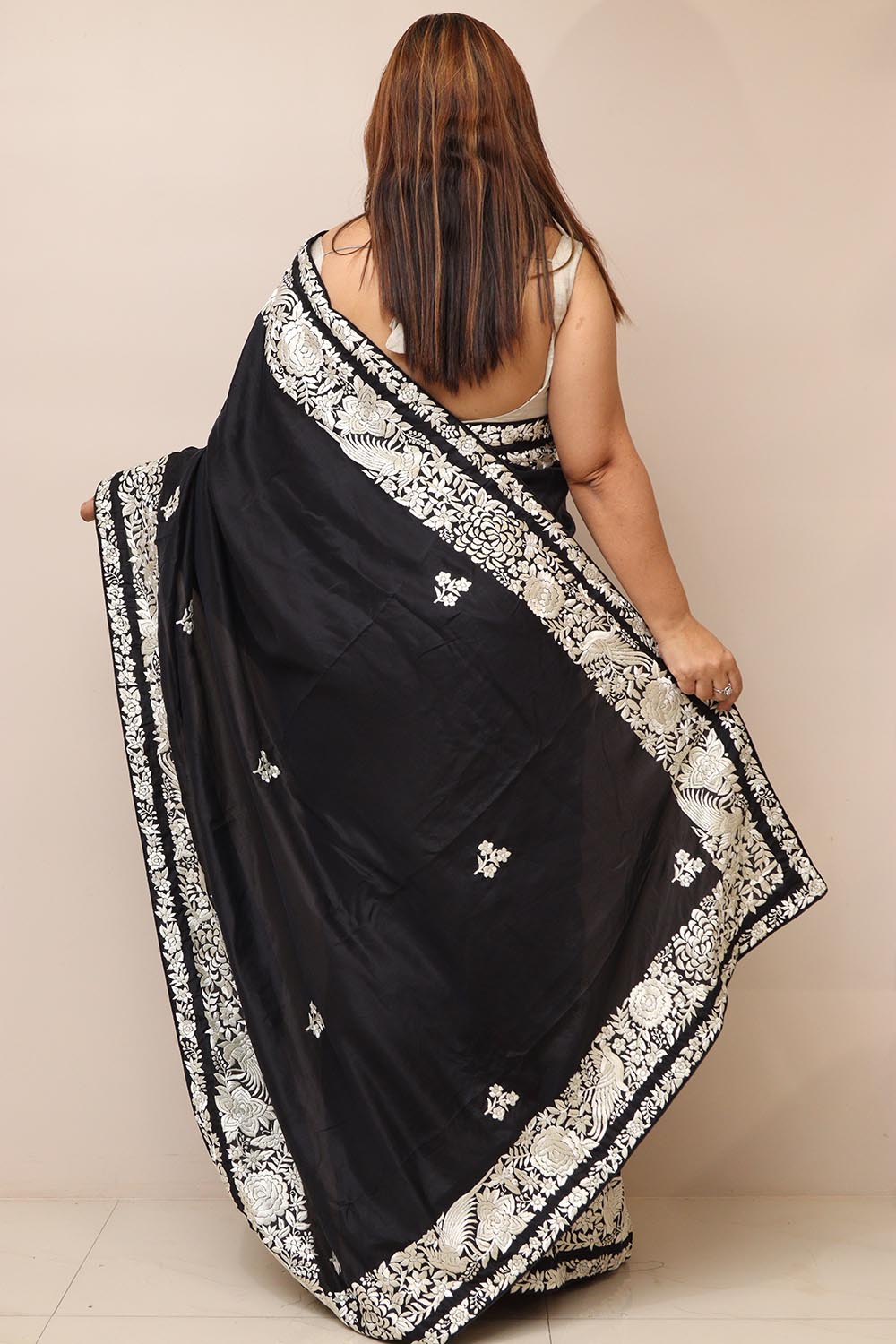 Black Hand Embroidered Parsi Gara Pure Silk Flower Design Saree - Luxurion World