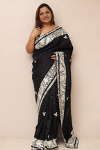Black Hand Embroidered Parsi Gara Pure Silk Flower Design Saree - Luxurion World