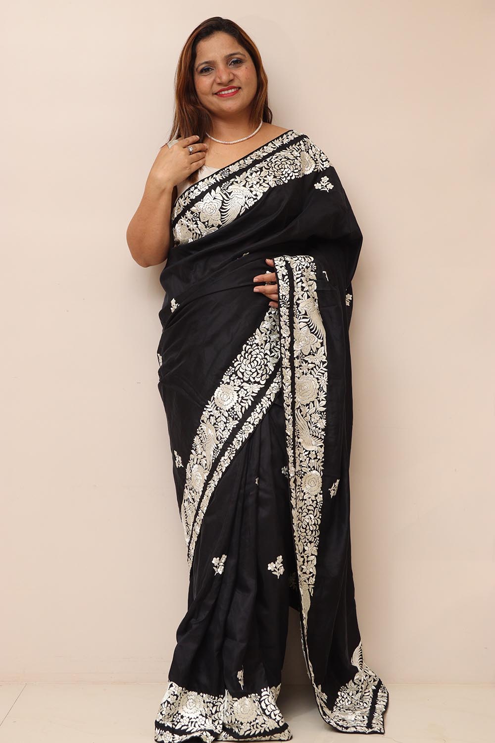 Black Hand Embroidered Parsi Gara Pure Silk Flower Design Saree - Luxurion World