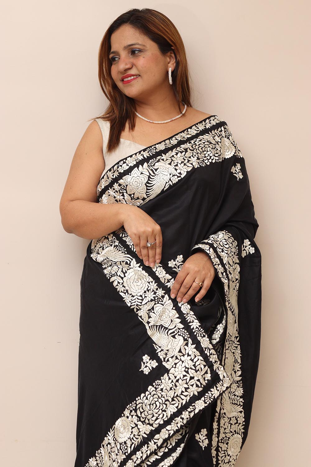 Black Hand Embroidered Parsi Gara Pure Silk Flower Design Saree - Luxurion World