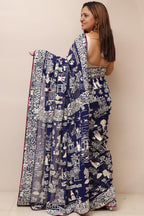 Blue Hand Embroidered Parsi Gara Georgette Cheena Cheeni Design Saree - Luxurion World