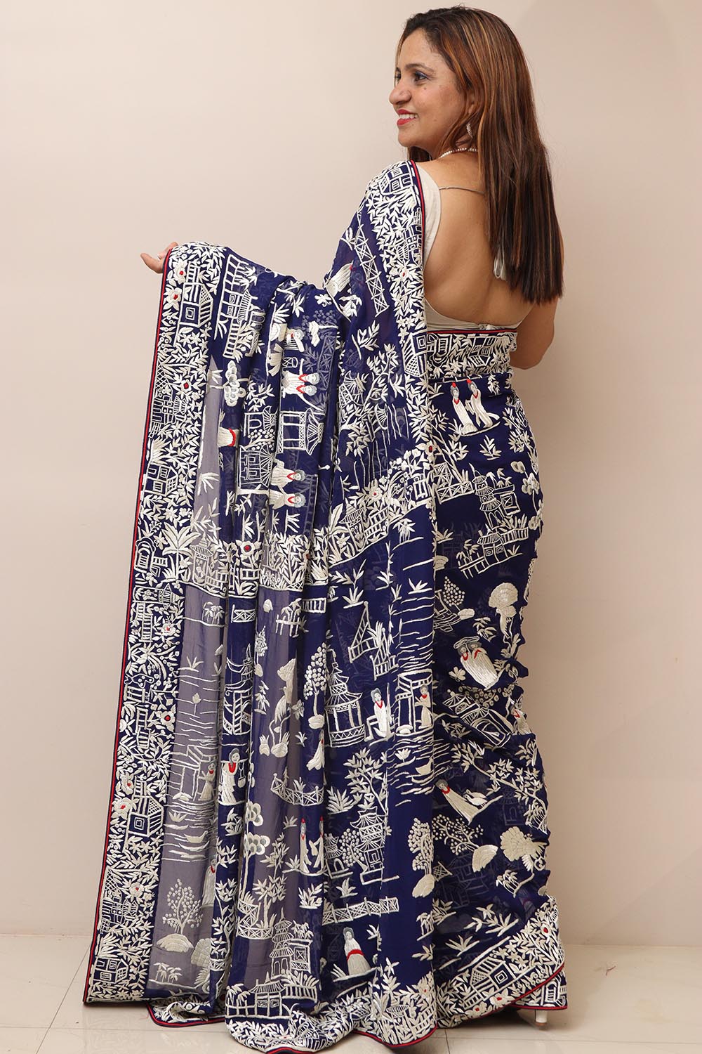 Blue Hand Embroidered Parsi Gara Georgette Cheena Cheeni Design Saree - Luxurion World