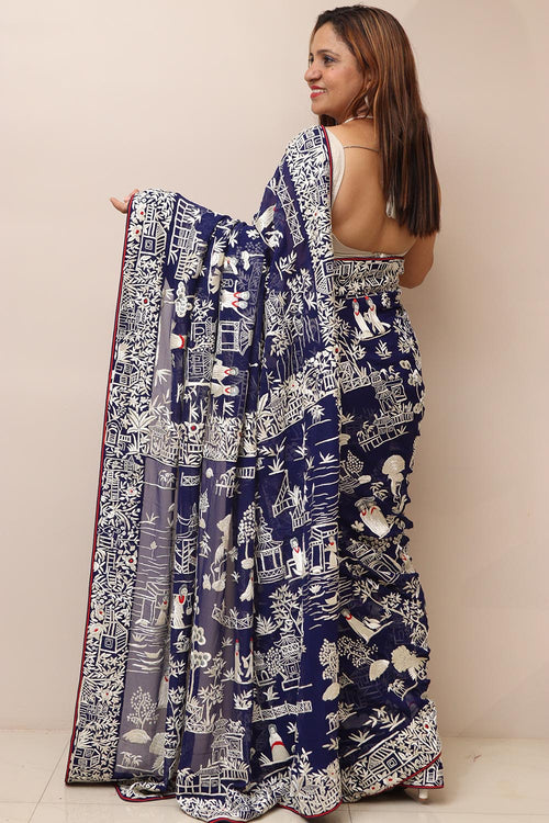 Blue Hand Embroidered Parsi Gara Georgette Cheena Cheeni Design Saree - Luxurion World